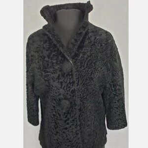 Vintage 50s Persian Curly Sheep Lambs Wool Sheared Fur Coat 3/4 Sleeve Black S